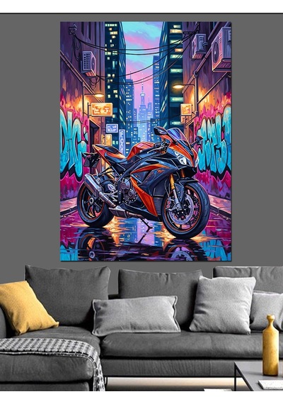 Ahşap Tablo Neon Işıklı Motosiklet Çizimi