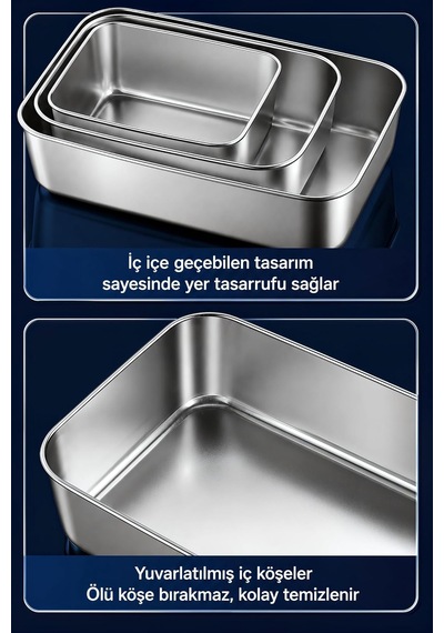 3 Adet Set 304 Çelik Yemek Meyve Et Buzdolabı Beslenme Saklama Kabı Mt323 Diğer