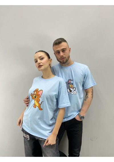 Flood Of Style Unisex Tshirt Bebe Mavi Tom Ve Jerry Baskılı Sevgili Çift Kombini 2 'li Set Bej