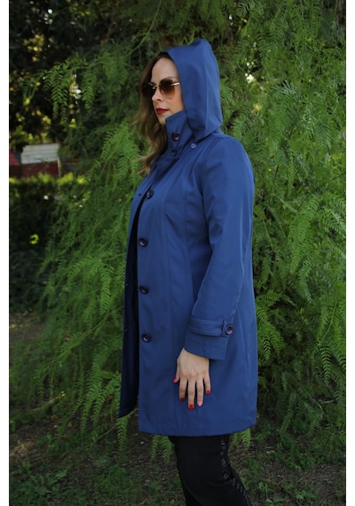 Moda Berray 1671 Kolu Düğme Detaylı Uzun Kapişonlu Saks Büyük Beden Kadın Ceket Saks