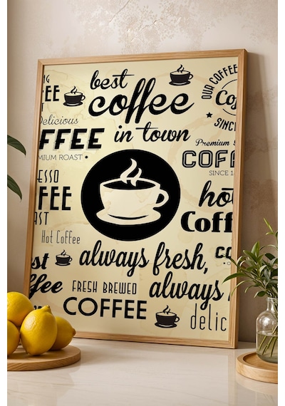 Retro Coffee Tasarım Çerçeveli Tablo - Mutfak Ve Kafe İçin Sanatsal Kahve Duvar Dekoru Kayın