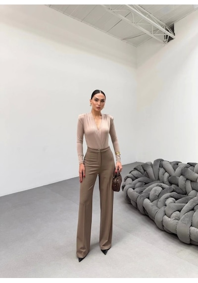 Defymoda 230 Gr Poly Viscose Lycra Metal Düğme Palazzo Pantolon Vizon