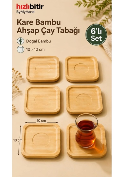 Bymyhand Bambu Doğal Ahşap Kare Bardak Altlığı 6'lı Set 10 X 10 Cm