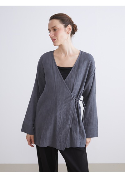 Lcwaıkıkı Classic Gri Kruvaze Yaka Dokulu Kadın Kimono