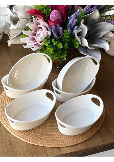 Beyaz Porselen Kulplu Oval Sunumluk 6'lı