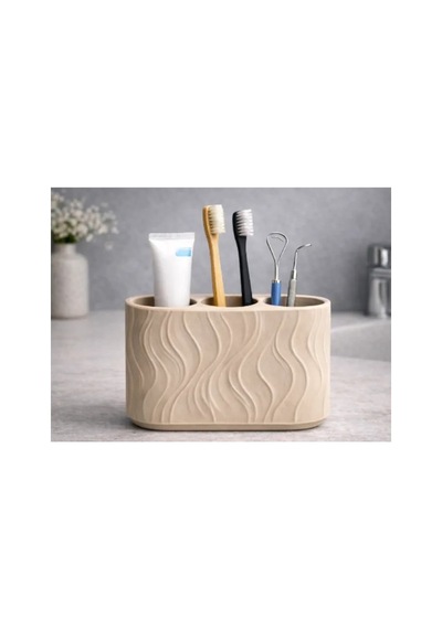 Alvera Üç Bölmeli Diş Fırçalık Dalga Desenli Banyo Organizeri Minimalist Diş Fırçası Tutucu Bej