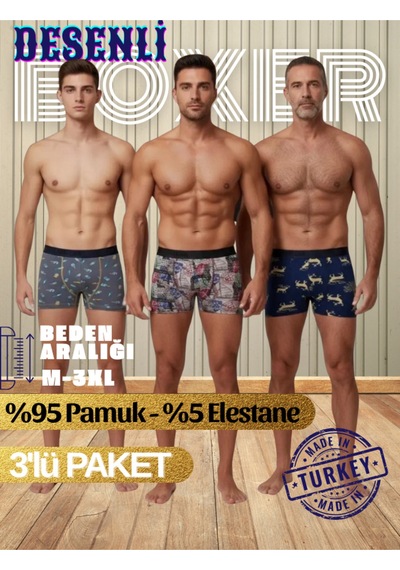 Mercan Erkek Boxer Şişe, Rota, Geyik Desenli 3'lü Paket - Rahat Kesim Çok Renkli