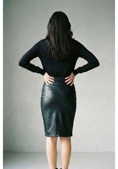 Sermoda Kalem Deri Etek - Bel Lastikli Slim Fit Midi Kalem Etek Ud Siyah