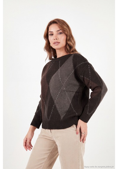 Lela Oversize Fit Bisiklet Yaka Baklava Desenli Kazak Kadın Kazak 4615578 Kahve