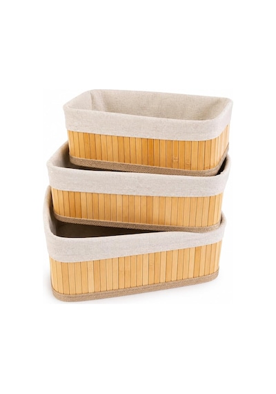 Bambu Organizer Sepet 3 Lü Set Kumaş Kaplı Dekoratif Saklama Kutusu, Çok Amaçlı Düzenleyici Banyo, Mutfak, Dolap Açık Ahşap