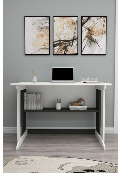 Enda Home Pillar Kütüphaneli Geniş Çalışma Masası 100x56 Cm Antrasit - Beyaz