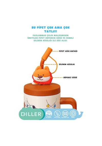 Diller 1200ml Sevimli Hayvanlar Tumbler Pipetli/pipetsiz Kulplu Paslanmaz Çelik Termos