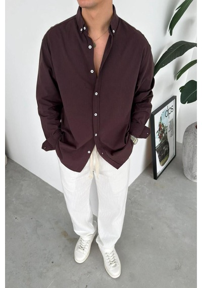 Kahverengi Oversize Fresh Keten Gömlek Kahverengi Kahverengi Oversize Fresh Keten Gömlek Kahverengi