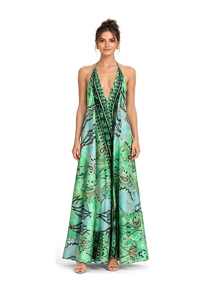 Lili Woman Kadın Yeşil Ombreli Batik Desenli Halter Yaka Otantik Maxi Elbise Mo.melb01y
