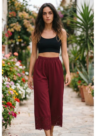Soulshae Kadın Krep Beli Lastikli Çiçek Desenli Lazer Kesim Pantolon Bordo Soulshae Kadın Krep Beli Lastikli Çiçek Desenli Lazer Kesim Pantolon Bordo