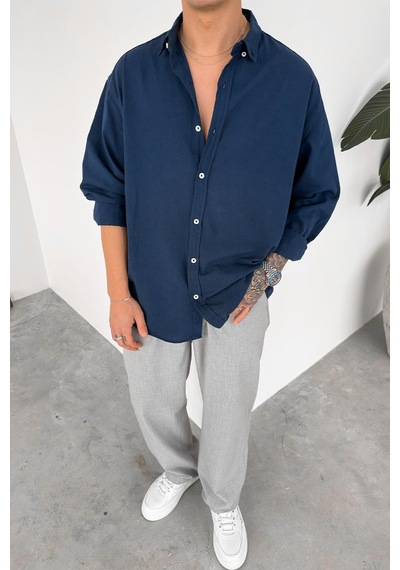 Lacivert Oversize Fresh Keten Gömlek Lacivert