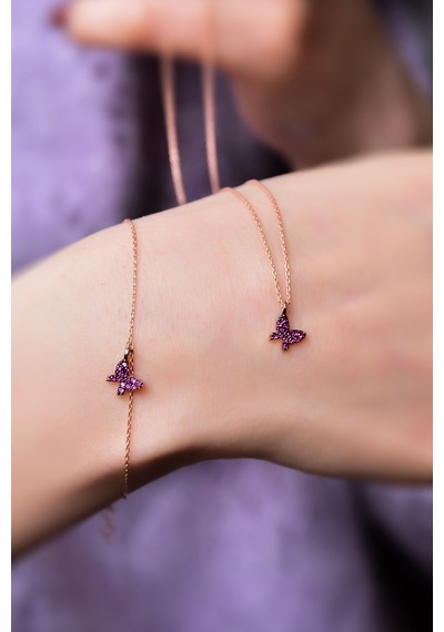 Papatya Silver 925 Ayar Gümüş Rose Kaplama Fuşya Zirkon Taşlı Mini Kelebek Kolye ve Bileklik Set