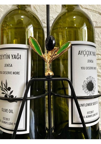 Zeytin Yaprağı Figürlü Vidalı Siyah Stand Yeşil 750 Ml Şişe Akıtı