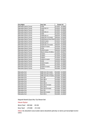 Mercedes Gla Amg Gla 35-45 Serisi Ön Silecek Seti 65/47,5 Cm 06.2020 - 12.2026 Arası
