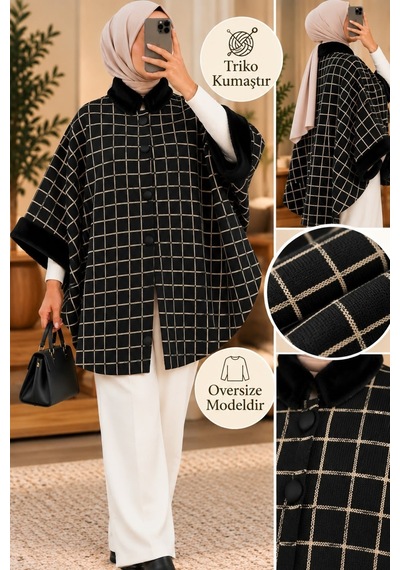 Genel Markalar Novea Scarf Kürklü Kareli Triko Panço Siyah - 938500882 Siyah