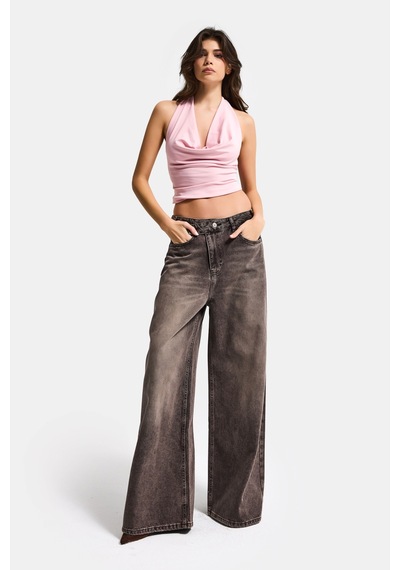 Itsbasic Kadın Koyu Kahve 4s6-16 Mega Baggy Fit Kemer Detaylı Bol Kesim Denim Jean