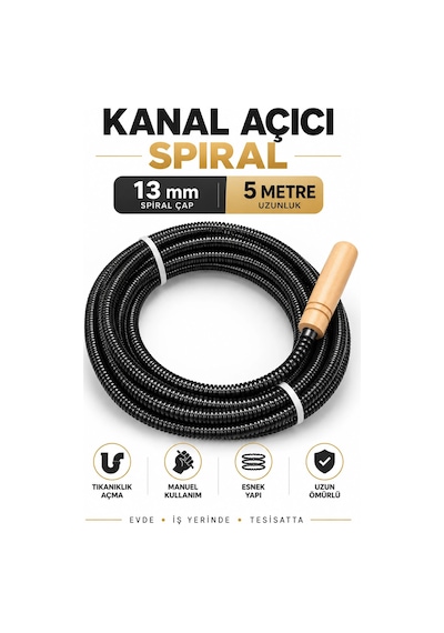 13 Mm 5 Metre Kanal Açıcı Spiral Manuel Gider Açma Susta Teli, Uzun Erişim Kalın Susta