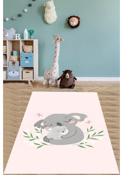 Pelangi Koala Ve Yavru Koala Hayvan Desenli Yıkanabilir Kaymaz Taban Leke Tutmaz Çocuk Odası Halısı, Pembe-gri 180 Diğer