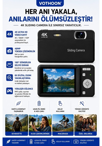 Dijital Kamera 4k Hd 48mp 16x Zoom Flaşlı Kayar Retro Video Kamera 2.8 Ekran 64gb Sd Kart li 09387222