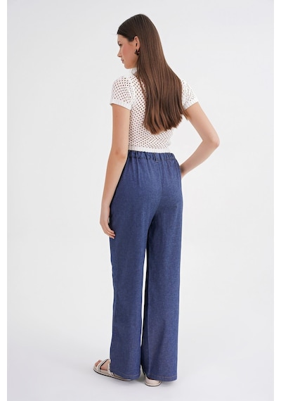 Mixray 4679 Kadın Beli Lastikli Bağlamalı Denim Pantolon İndigo