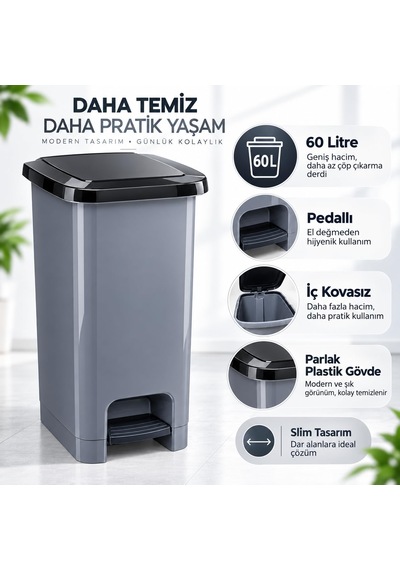 Tr 60 L Slim Pedallı Çöp Kovası, Dar Alanlara Uygun İnce Tasarım Çöp Kutusu, Kapaklı Plastik Atık Kovası, Mut