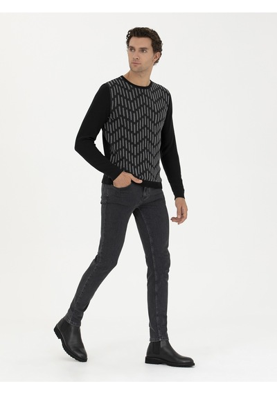 Cacharel Siyah Slim Fit %100 Pamuk Bisiklet Yaka Triko Kazak