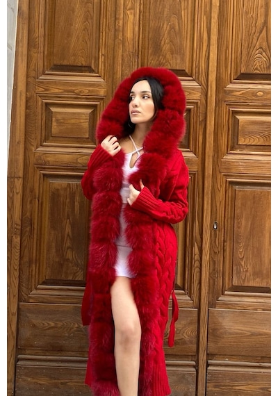 Lava Design Triko Hırka & Uzun Triko Hırka & Kadın Triko Hırka Örgülü Kırmızı