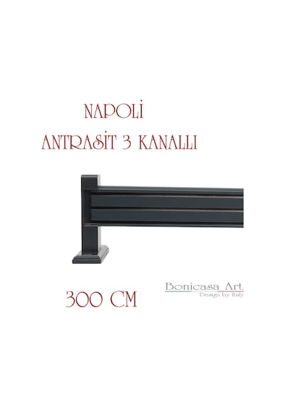 Napoli Ahşap Başlıklı 3 Kanallı Alüminyum Dekoratif Ray Korniş Modern Rustik Antrasit 300 Cm Antrasit