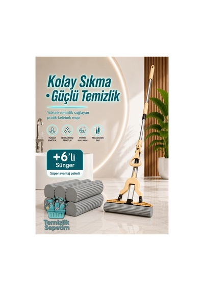 Kelebek Mop Süngerli Paspas Seti, Kendinden Sıkmalı Teleskobik Saplı Yer Temizlik Mopu +6 Yedekli Yüksek Emicili Sünger