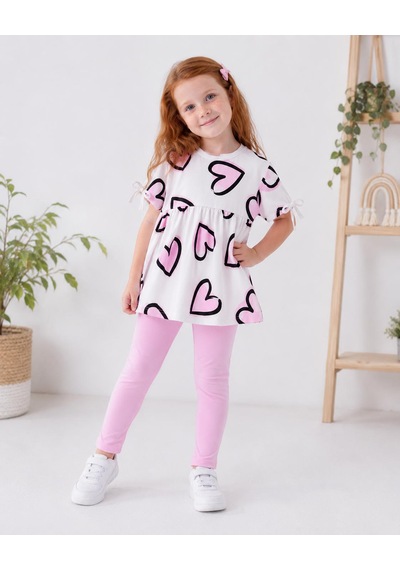 Durukoza Kız Çocuk Kalp Desenli Tunik Tayt Takım Pembe Beyaz Günlük Takım 4-8 Yaş