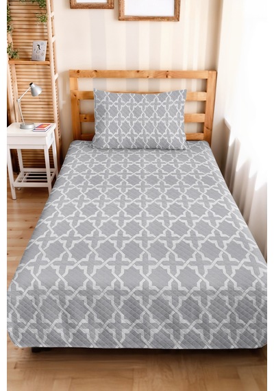 Gri Geometrik Tek Kişilik Dekoratif Pike Takımı - Beyaz İskandinav Motifli 160x220 Cm Yatak Örtüsü Kırçıllı Nehir Kabuğu