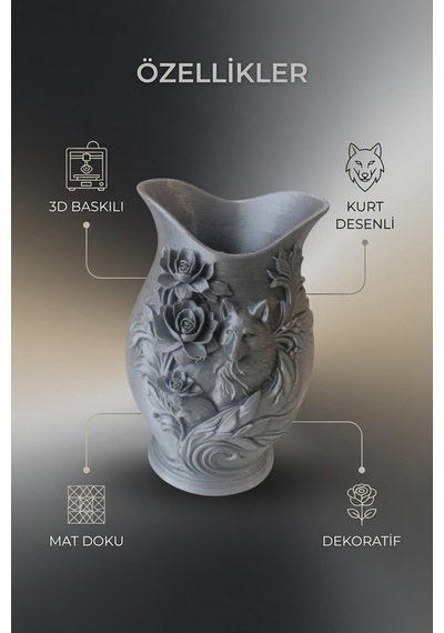 Kurt Desenli Gül Kabartmalı Dekoratif Vazo Mat Dokulu Ev Ofis Salon Masa Raf Süsü Çiçeklik 15x10 Cm Gri