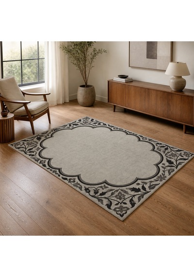 Kartela Halı Bulut Çerçeveli Klasik Halı Antrasit Kaymaz Taban Makinede Yıkanabilir 80x120 Cm