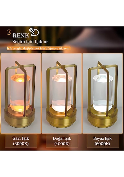 Usb Şarjlı Dokunmatik Kademesiz Led Gece Lambası Masa Lambası 3ışık Modu Dekoratif Ev Kafe Restoran Altın