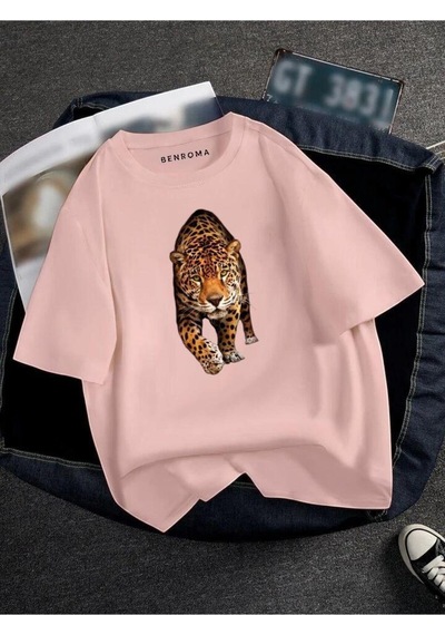 Kaplan Baskılı Oversize Unisex Tişört Pembe