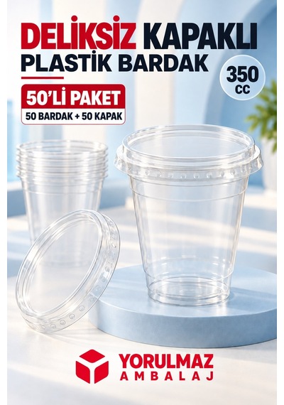 350 Cc Deliksiz Kapaklı Sızdırmaz Pet Bardak 50'li 40