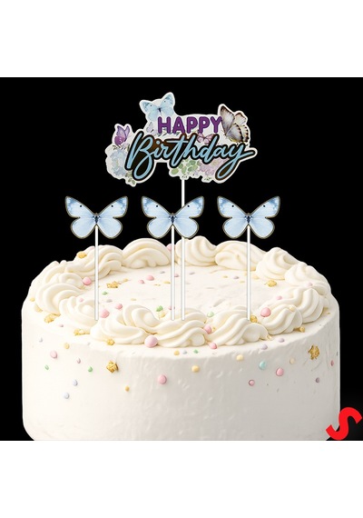 Kelebekli Happy Birthday Pasta Süsü 4 Lü Set - Mavi