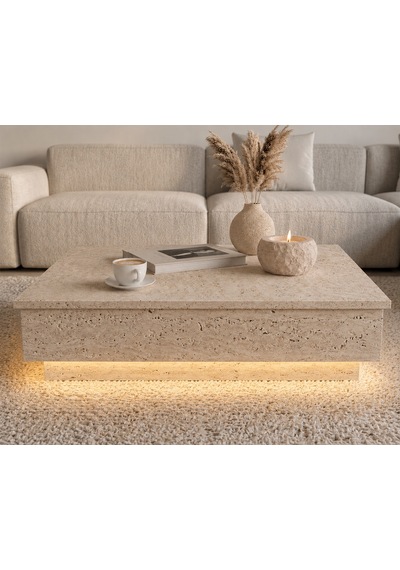Misterium Perla Led Işıklı 90x75 Kare Orta Sehpa - Traverten Doku - Mermer Desen