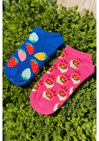 Lousocks Unisex 2'li Çilek Ve Narenciye Desenli Patik Çorap Çok Renkli