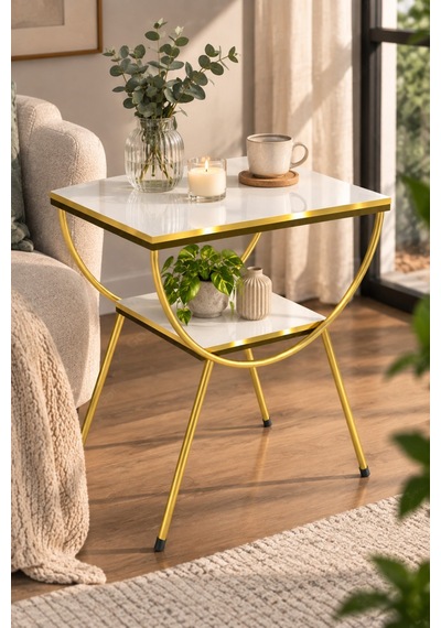 Sulorahome Gold Metal Yan Sehpa Ve Komodin Beyaz Altın - Beyaz