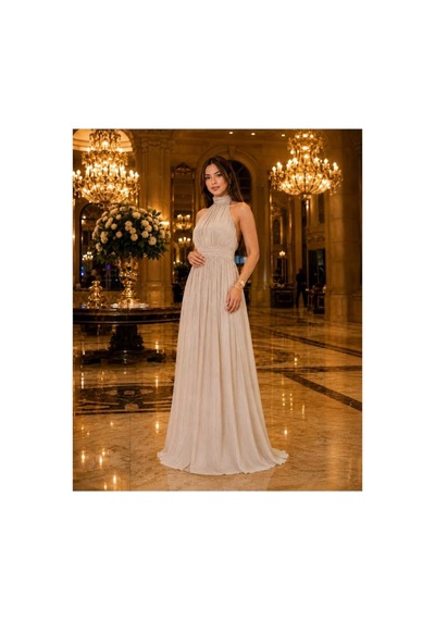 Neşeli Butik Kadın Taş Rengi Halter Yaka Janjan Kumaş Premium Abiye Elbise Nbmy4128
