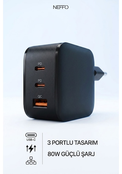 80w Çift Portlu 2x Usb-c Usb-a Girişli Akıllı Hızlı Şarj Adaptörü