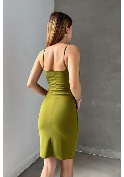 Lior Design Kadın Yeni Sezon V Yaka Yırtmaçlı Mini Askılı Abiye Elbise Yeşil