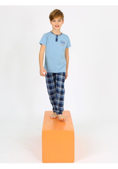 Vitmo Erkek Çocuk Kısa Kollu %100 Pamuklu Düğme Detaylı Cool Boy Pijama Takımı Mavi