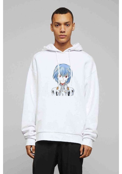 Anime Evangelion Baskılı Beyaz Erkek Örme Kapşonlu Sweatshirt